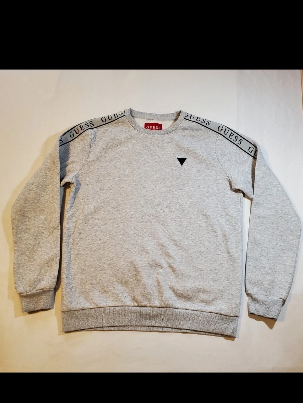 Guess Logo Tape Sweatshirt Mens Small Gray Crewneck Pullover Spellout Sleeve
